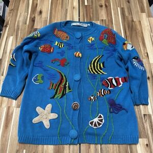 Vintage Michael Simon Sweater Womens XL Blue Knit Fish Geometric Cardigan